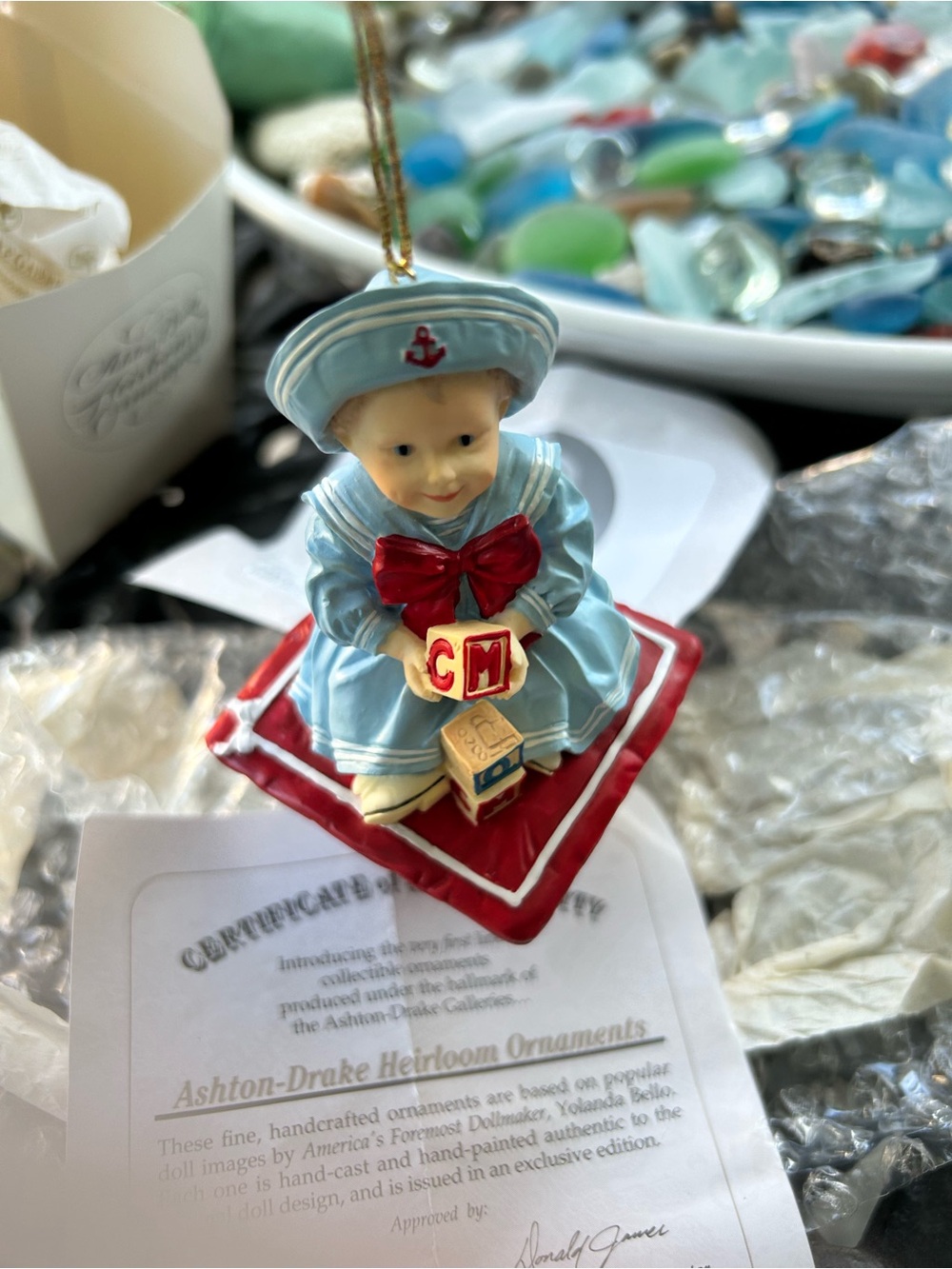 Heirloom Amanda Blue Sailor Baby Ornament with Red Bow